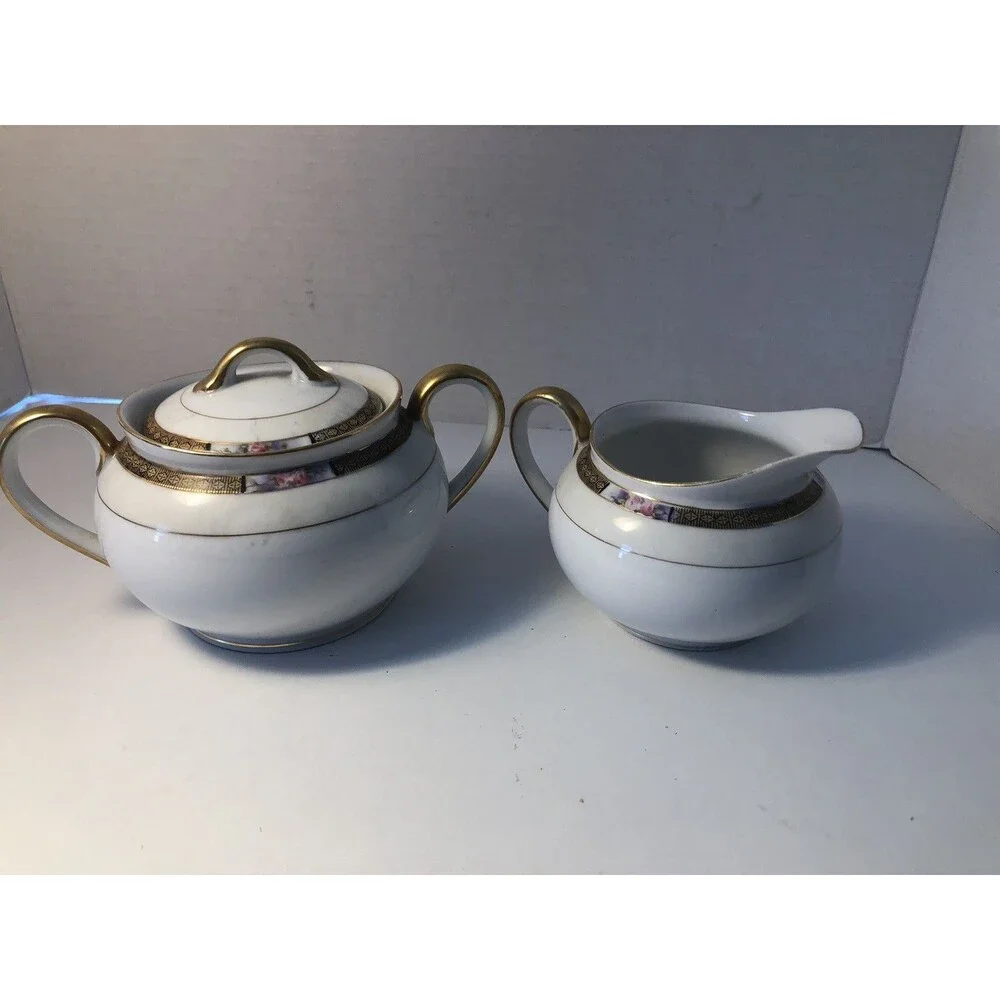 Vtg. Set Noritake Sugar Bowl With Lid & Creamer Japan Pink Rose Green Mark